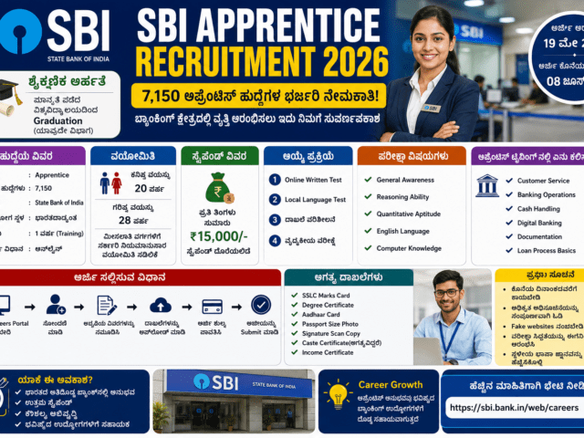 SBI Apprentice Recruitment 2026: ಬ್ಯಾಂಕಿಂಗ್ ಉದ್ಯೋಗಾಕಾಂಕ್ಷಿಗಳಿಗೆ ಭರ್ಜರಿ ಸಿಹಿಸುದ್ದಿ! SBIನಲ್ಲಿ 7,150 ಅಪ್ರೆಂಟಿಸ್ ಹುದ್ದೆಗಳ ಮೆಗಾ ನೇಮಕಾತಿ