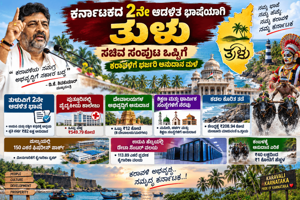 ಕರ್ನಾಟಕದ 2ನೇ ಆಡಳಿತ ಭಾಷೆಯಾಗಿ ತುಳು: ಸಚಿವ ಸಂಪುಟ ಒಪ್ಪಿಗೆ, ಕರಾವಳಿಗೆ ಭರ್ಜರಿ ಅನುದಾನ ಮಳೆ