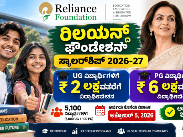 ರಿಲಯನ್ಸ್ ಫೌಂಡೇಶನ್ ಸ್ಕಾಲರ್‌ಶಿಪ್ 2026-27: 5,000 ವಿದ್ಯಾರ್ಥಿಗಳಿಗೆ ₹2 ಲಕ್ಷದವರೆಗೆ ವಿದ್ಯಾರ್ಥಿವೇತನ