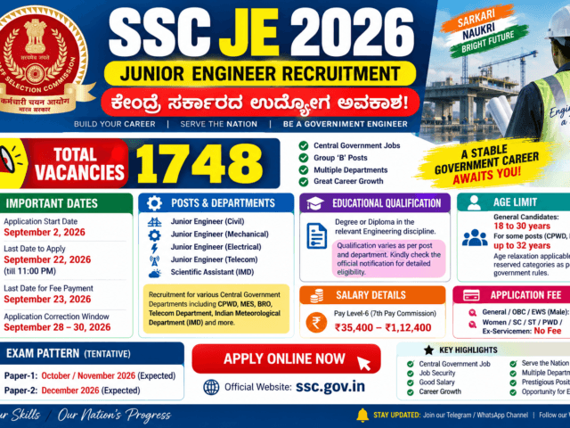 SSC JE ನೇಮಕಾತಿ 2026: 1748 ಹುದ್ದೆಗಳಿಗೆ ಅರ್ಜಿ ಆಹ್ವಾನ